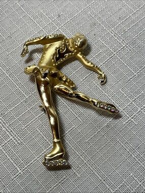 Vintage Gold-tone Figure Skater Brooch with Rhinestone Accents